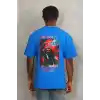 Unisex Oversize Baskılı Bisiklet Yaka T-Shirt - Mavi