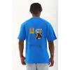 Unisex Oversize Baskılı Bisiklet Yaka T-Shirt - Mavi