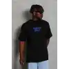 Unisex Oversize Baskılı Bisiklet Yaka T-Shirt - Siyah