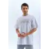 Unisex Oversize Taşlı Bisiklet Yaka T-Shirt - Beyaz