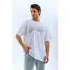 Unisex Oversize Taşlı Bisiklet Yaka T-Shirt - Beyaz