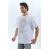 Unisex Oversize Taşlı Bisiklet Yaka T-Shirt - Beyaz