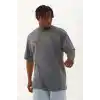 Unisex Oversize Taşlı Bisiklet Yaka T-Shirt - Füme
