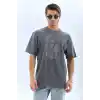 Unisex Oversize Taşlı Bisiklet Yaka T-Shirt - Füme