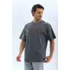 Unisex Oversize Taşlı Bisiklet Yaka T-Shirt - Füme