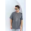 Unisex Oversize Taşlı Bisiklet Yaka T-Shirt - Füme