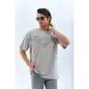 Unisex Oversize Taşlı Bisiklet Yaka T-Shirt - Gri