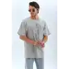 Unisex Oversize Taşlı Bisiklet Yaka T-Shirt - Gri