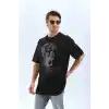 Unisex Oversize Taşlı Bisiklet Yaka T-Shirt - Siyah