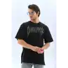 Unisex Oversize Taşlı Bisiklet Yaka T-Shirt - Siyah