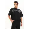 Unisex Oversize Taşlı T-Shirt - Siyah