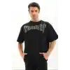 Unisex Oversize Taşlı T-Shirt - Siyah