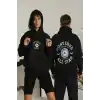 Unisex Oversize Üç İplik Şardonlu Kapüşonlu Sweatshirt – All Star Ön ve Arka Baskılı, Kanguru Cepli, Rahat Kalıp Kışlık Model - Siyah