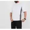 Unisex Oversize Yanları Şeritli T-Shirt - Beyaz