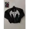 Unisex Siyah Bomber Mont – Venom Beyaz Örümcek Logolu, Fermuarlı Cepli, Kapitone Astarlı Günlük Mont - Siyah