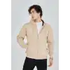 Unisex Tam Fermuarlı Kapşonlu  SweatShirt - Bej