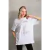 Unisex Taş Desenli Oversize T-Shirt - Beyaz