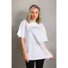 Unisex Taş Desenli Oversize T-Shirt - Beyaz
