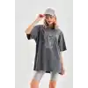 Unisex Taş Desenli Oversize T-Shirt - Füme