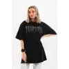 Unisex Taş Desenli Oversize T-Shirt - Siyah