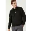 Unisex Uzun Kol Yarım Farmuarlı Yakalı Basic SweatShirt - Siyah