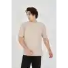 Unisex Waffle Kumaş Rahat Kol T-Shirt - Bej