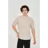 Unisex Waffle Kumaş Rahat Kol T-Shirt - Bej