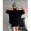 Unisex Yarım Fermuarlı Düz Oversize T-Shirt - Siyah