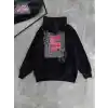 Uzun Kol Kapüşonlu Ön Ve Arka Baskılı SweatShirt - Siyah