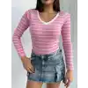 V yaka çizgili bluz pembe A3699