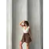 Volanlı keten şort kahve s255058