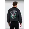 Wild One Baskılı Erkek Bomber Mont – Panter Desenli, Fermuarlı, Kapitone Astarlı Ceket - Siyah