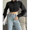 Yanı kemer detaylı crop gömlek siyah s4009