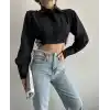Yanı kemer detaylı crop gömlek siyah s4009