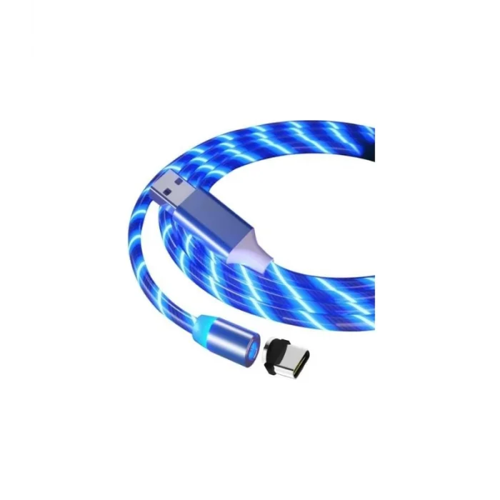 Manyetik Uçlu Type-C Şarj Kablosu - 1 Metre - Mavi Işıklı