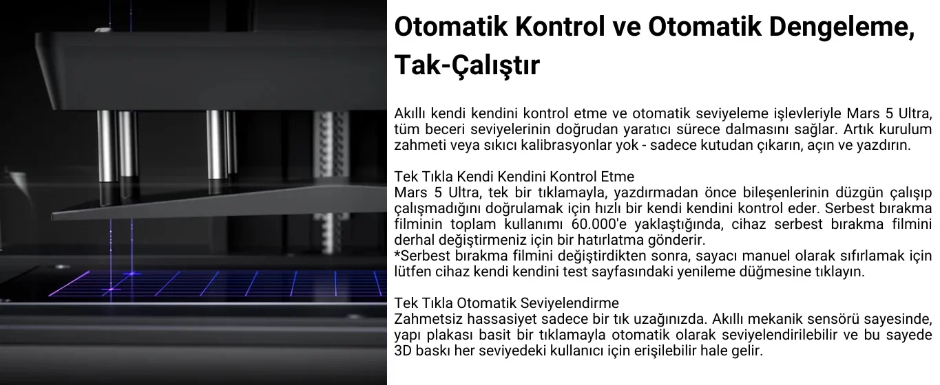 ELEGOO Mars 5 Ultra' nın otomatik dengeleme ve kendi kendini kontrol özellikleri
