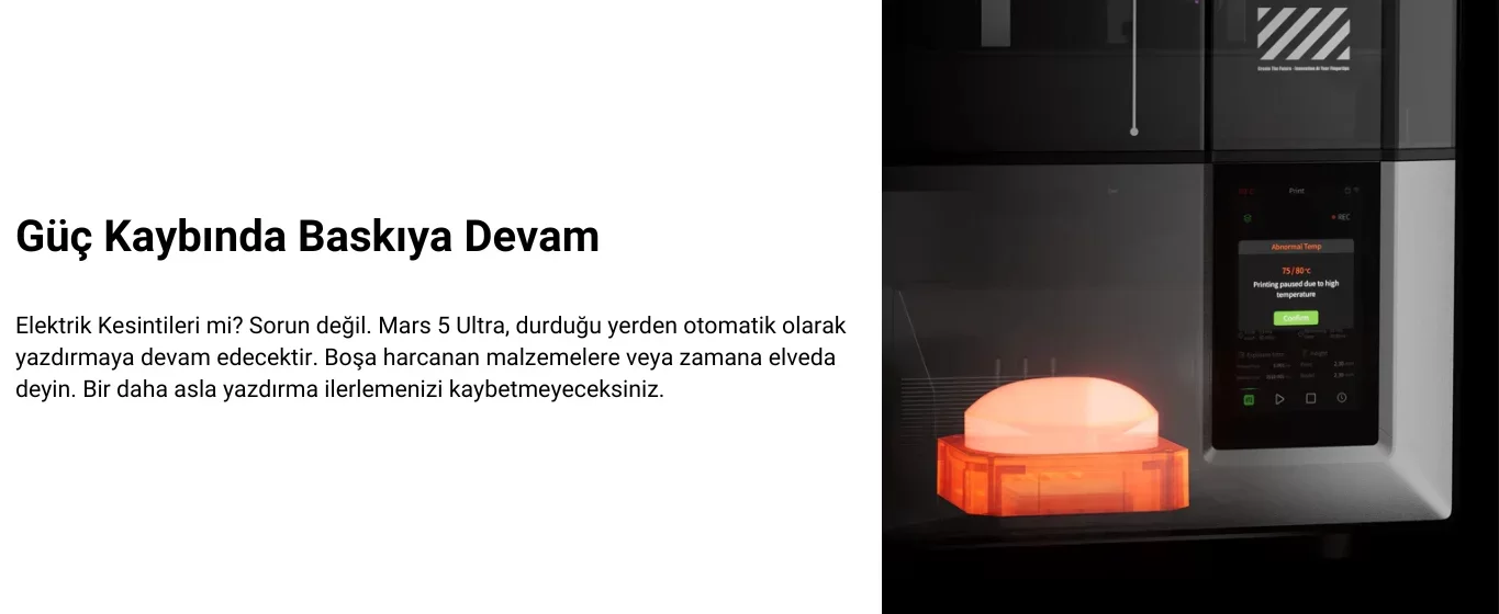 ELEGOO Mars 5 Ultra güç kesintisinden sonra baskıya devam etme özelliği