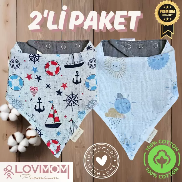 2li Paket Premium %100 Pamuk Ekstra Soft 2 Kat Müslin Bebek Fuları Salya & Mama Önlüğü 3 Çıtçıtlı - Sunshine + Sailor