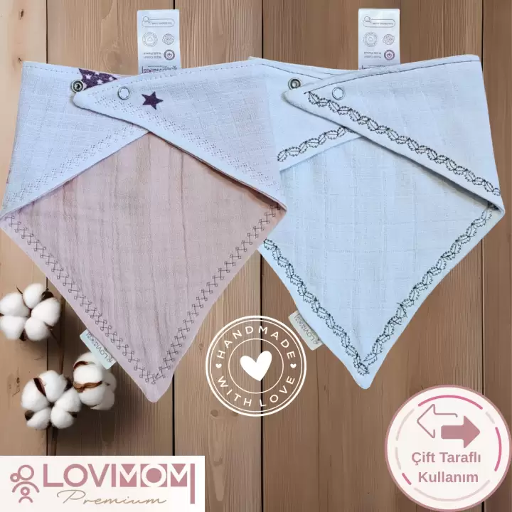 2li Paket Premium %100 Pamuk Ekstra Soft 2 Kat Müslin Bebek Fuları Salya & Mama Önlüğü 3 Çıtçıtlı - Star + Bright