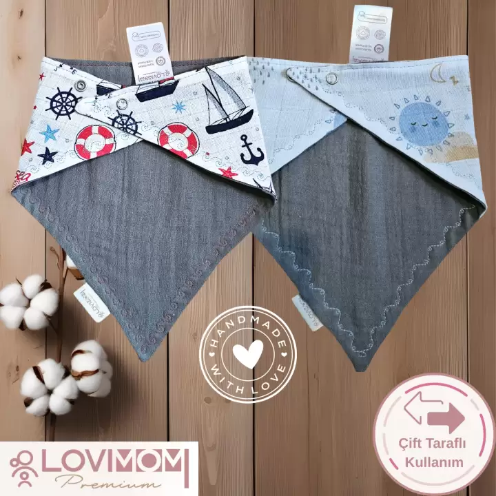 2li Paket Premium %100 Pamuk Ekstra Soft 2 Kat Müslin Bebek Fuları Salya & Mama Önlüğü 3 Çıtçıtlı - Sunshine + Sailor