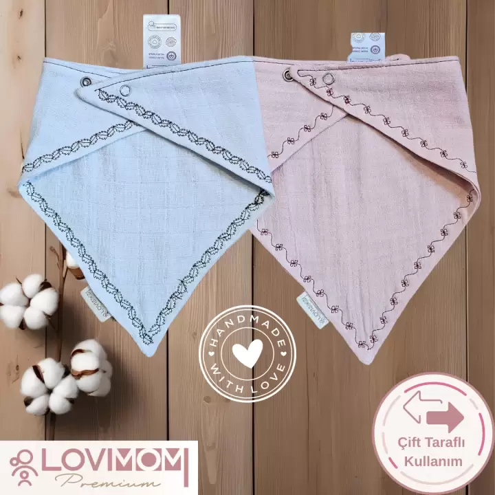 2li Paket Premium %100 Pamuk Ekstra Soft 2 Kat Müslin Bebek Fuları Salya & Mama Önlüğü 3 Çıtçıtlı