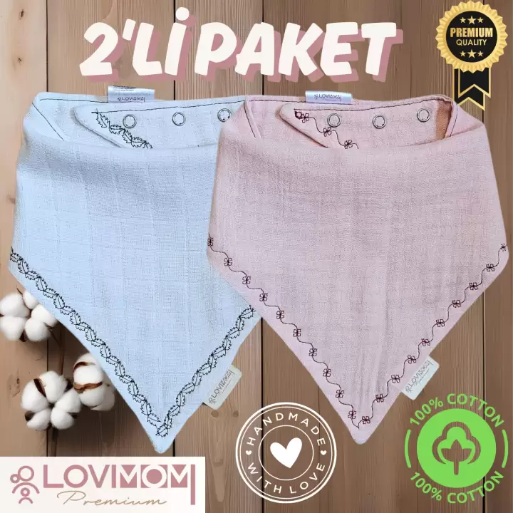 2li Paket Premium %100 Pamuk Ekstra Soft 2 Kat Müslin Bebek Fuları Salya & Mama Önlüğü 3 Çıtçıtlı