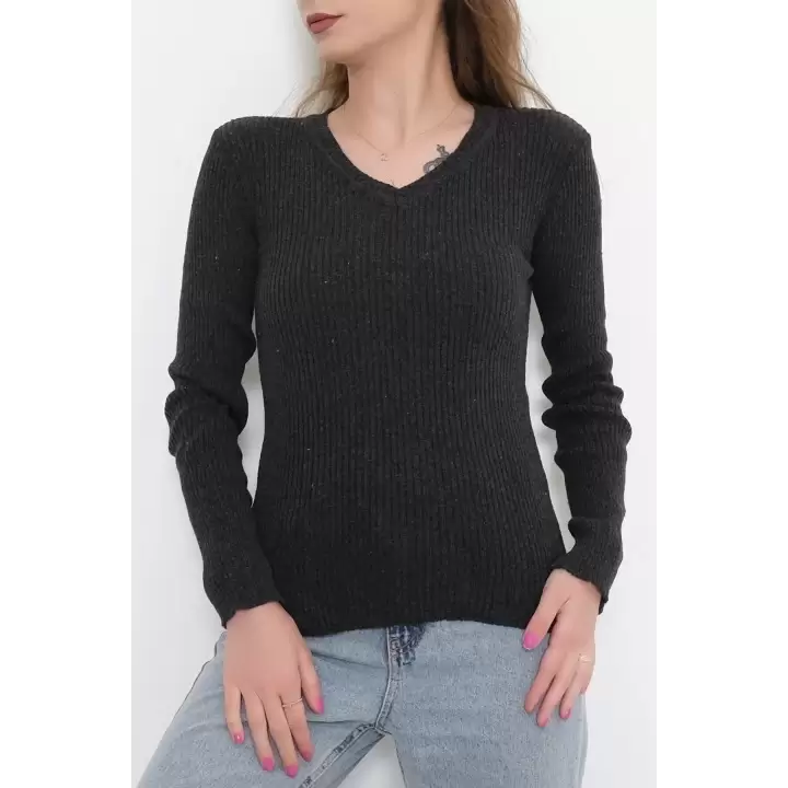 Casual Kadın Triko V Yaka Siyah Dar Kalıp Slimfit Yeni Sezon Antrasit