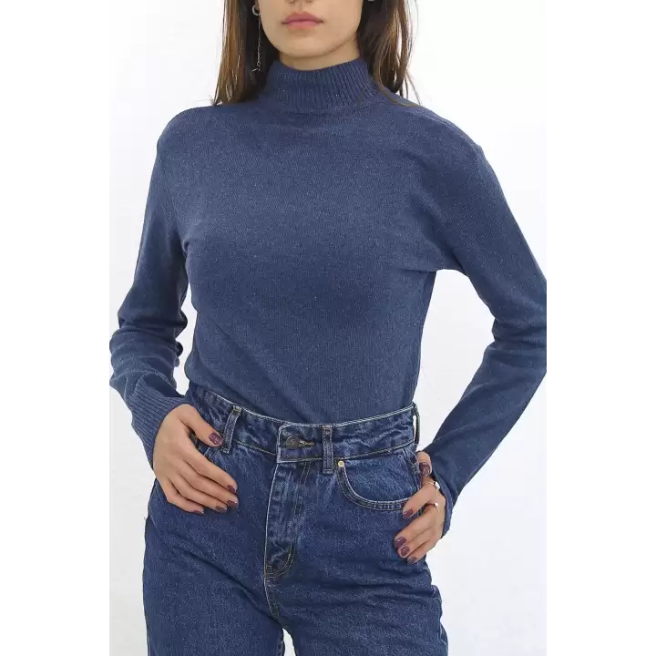 Yeni Sezon Kadın Body Yarım Balıkçı Yaka Indigo Dar Kalıp Slimfit Yeni Sezon