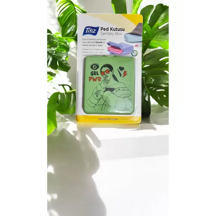 Titiz Hijyenik Plastik Kilit Kapaklı Ped Kutusu BPA İçermez | Girl Power Figürlü | Yeşil Renk