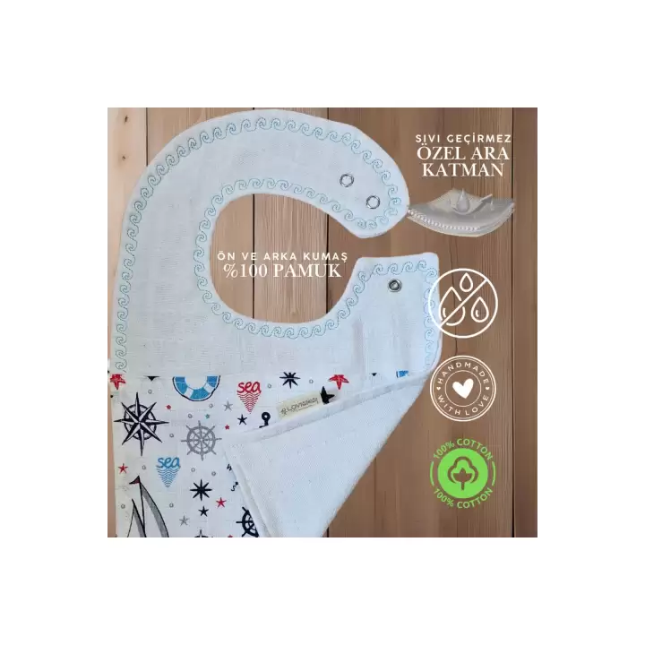 Premium %100 Pamuk Ekstra Soft 2 Katlı Su Geçirmez Müslin Bebek Mama Önlüğü Çıtçıtlı Sailor 0-2 Yaş