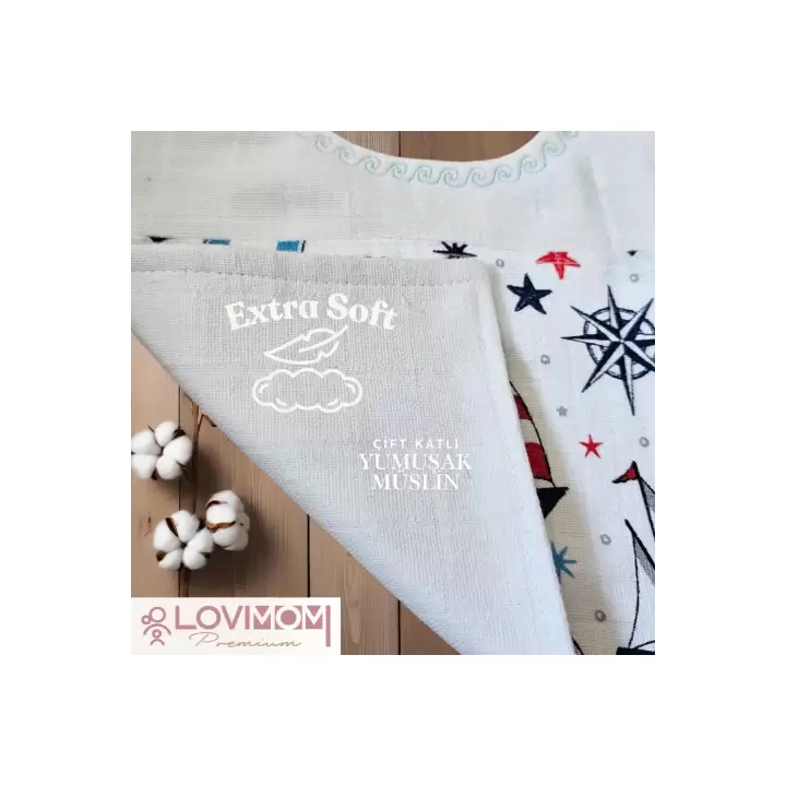 Premium %100 Pamuk Ekstra Soft 2 Katlı Su Geçirmez Müslin Bebek Mama Önlüğü Çıtçıtlı Sailor 0-2 Yaş