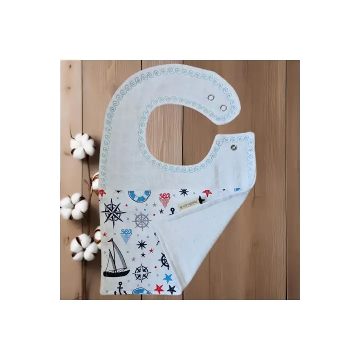 Premium %100 Pamuk Ekstra Soft 2 Katlı Su Geçirmez Müslin Bebek Mama Önlüğü Çıtçıtlı Sailor 0-2 Yaş