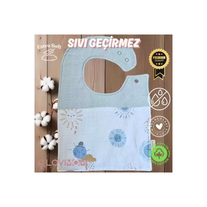 Premium %100 Pamuk Ekstra Soft 2 Katlı Su Geçirmez Müslin Bebek Mama Önlüğü Çıtçıtlı Sunshin 0-2 Yaş
