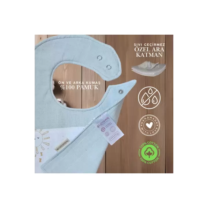 Premium %100 Pamuk Ekstra Soft 2 Katlı Su Geçirmez Müslin Bebek Mama Önlüğü Çıtçıtlı Sunshin 0-2 Yaş
